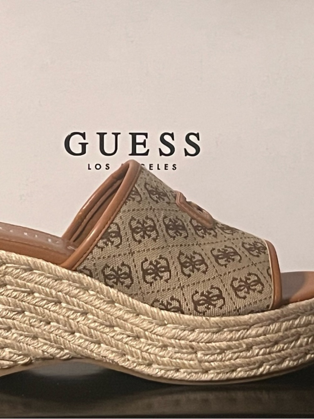 GUESS Tan and Beige Logo Espadrille Wedge Slide